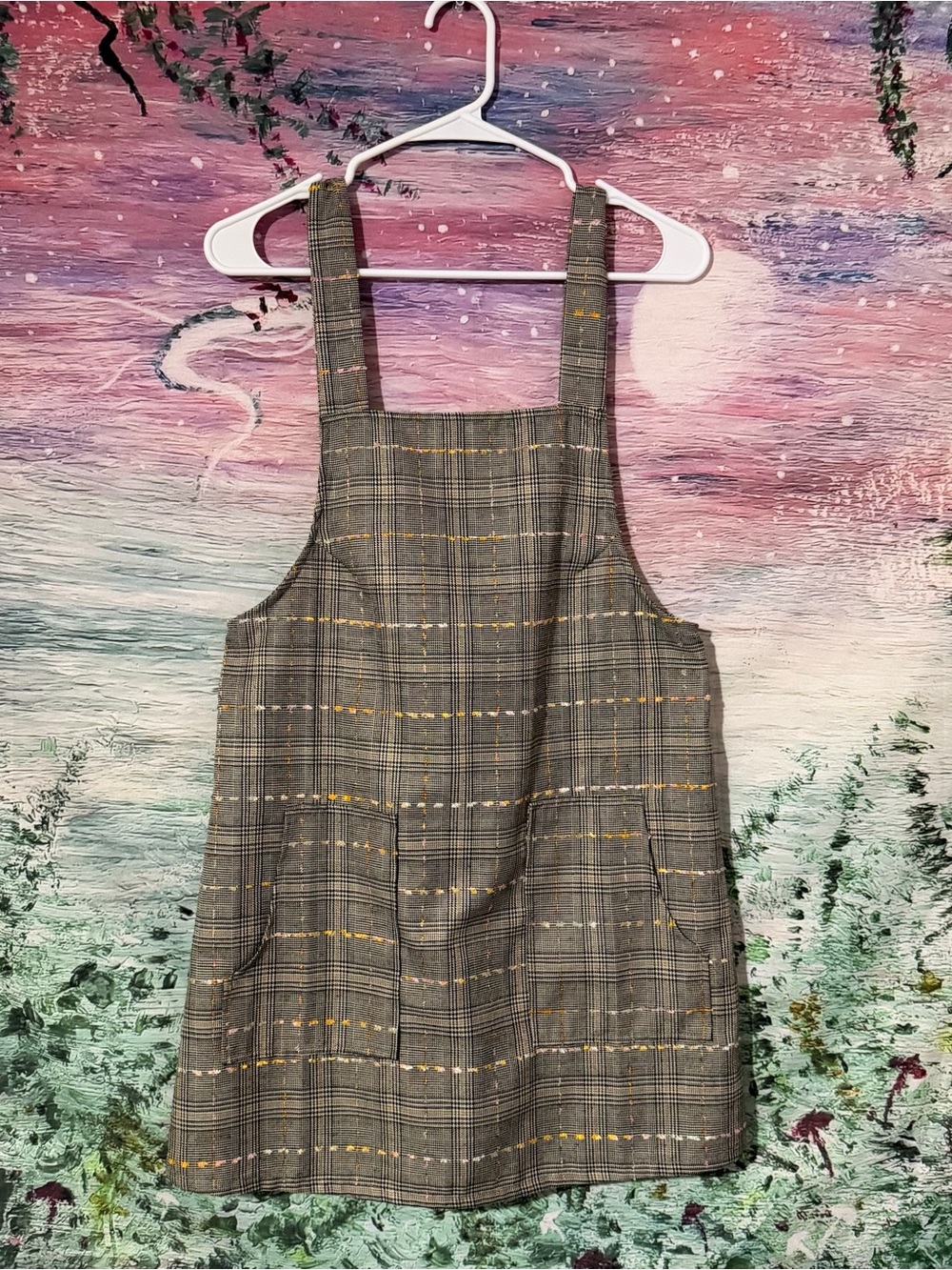 Women’s Plaid Pinafore Dress with Pockets - Gray/Yellow